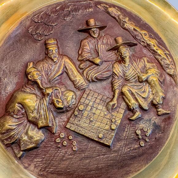 Vintage Oriental “Playing Board Games” Solid Bronze/Brass Decor Charger, 12.5” - Picture 6 of 6